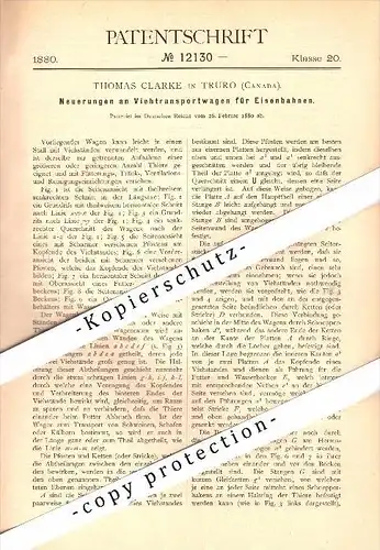 Original Patent - Thomas Clarke in Truro , Canada , 1880 , Cattle trolley for railway !!!