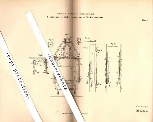 Original Patent - Thomas Clarke in Truro , Canada , 1880 , Cattle trolley for railway !!!