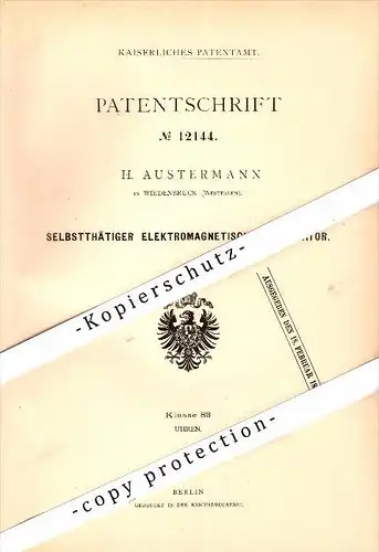 original Patent - H. Austermann in Wiedenbrück , 1880 , elektrischer Regulator für Uhren , Uhrmacher , Rheda !!!