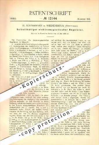 original Patent - H. Austermann in Wiedenbrück , 1880 , elektrischer Regulator für Uhren , Uhrmacher , Rheda !!!