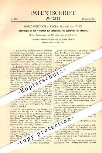 Original Patent - Moritz Weinrich in Pecek / Pecky ( Böhmen ) und Wien , 1878 , Darstellung von Zuckerkalk !!!