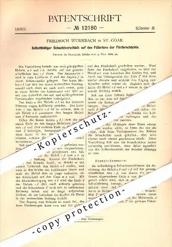 Original Patent - Friedrich Wurmbach in Sankt Goar , 1880 , Schachtverschluß für Bergbau , Zeche !!!