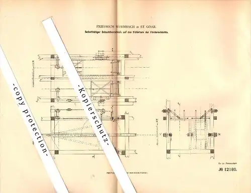 Original Patent - Friedrich Wurmbach in Sankt Goar , 1880 , Schachtverschluß für Bergbau , Zeche !!!