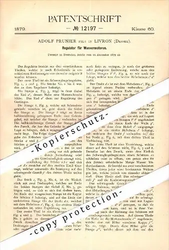 Original Patent - Adolf Prunier à Livron-sur-Drome , 1879 , Régulateur pour moteurs submersibles !!!