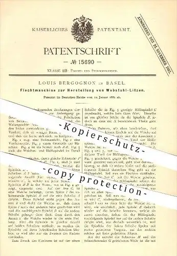 original Patent - Louis Bergognon in Basel , 1881 , Flechtmaschine zur Herstellung von Webstuhl - Litzen , Weber !!!