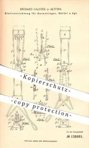 original Patent - Richard Galster in Altona , 1902 , Stellvorrichtung für Hosenträger , Gürtel , Mode , Hamburg !!!