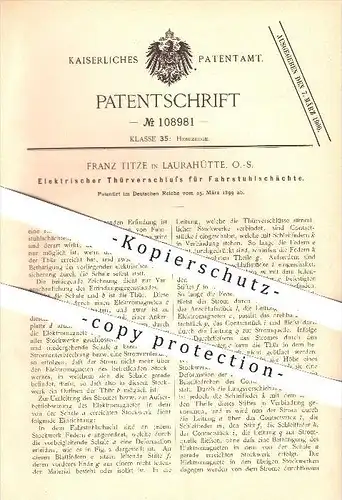 original Patent - Franz Titze , Laurahütte , O.-S. ,1899, Türverschluss für Fahrstuhlschächte , Fahrstuhl , Aufzug , Tür