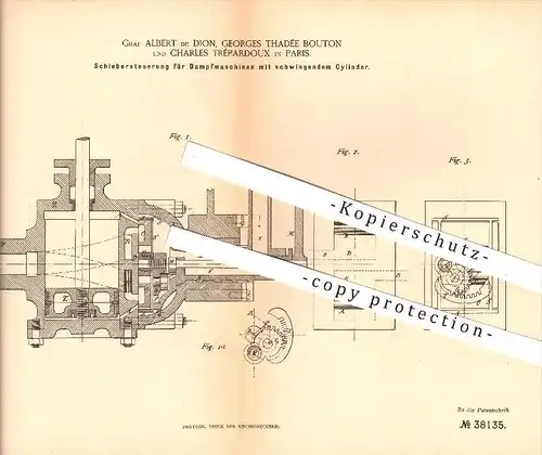 original Patent - Graf Albert de Dion , Georges T. Bouton à Paris , 1886 , Contrôle pour les moteurs à vapeur !!!