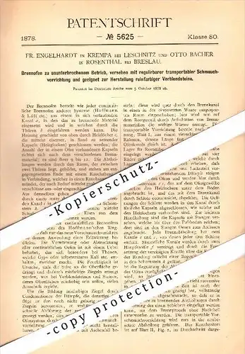 Original Patent -F. Engelhardt , O. Bacher in Krempa b. Leschnitz und Rosenthal b. Breslau , 1878, Schlesien , Brennofen