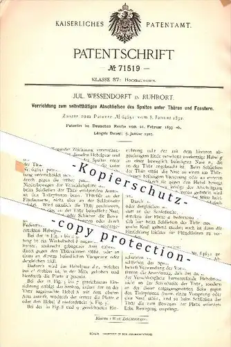 original Patent - J. Wessendorft in Ruhrort ,1893, Abschließen des Spaltes unter Türen u. Fenstern , Fensterbau Duisburg