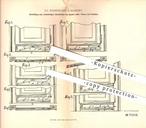 original Patent - J. Wessendorft in Ruhrort ,1893, Abschließen des Spaltes unter Türen u. Fenstern , Fensterbau Duisburg