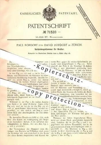 original Patent - Paul u. David Rordorf , Zürich , 1893 , Verbindungsklammer für Bretter , Brett , Holz , Bau , Tischler