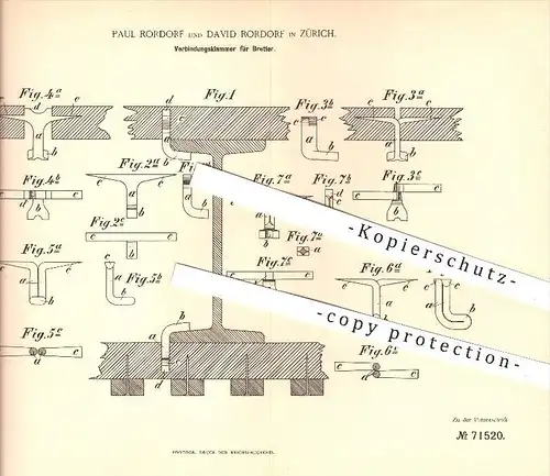 original Patent - Paul u. David Rordorf , Zürich , 1893 , Verbindungsklammer für Bretter , Brett , Holz , Bau , Tischler