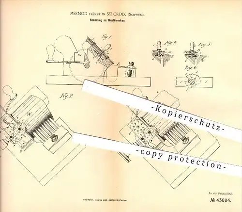 original Patent - Mermod Frères in Sainte-Croix , VD , 1887 , Musikwerke , Musik , Musikinstrumente , Instrumente !!!