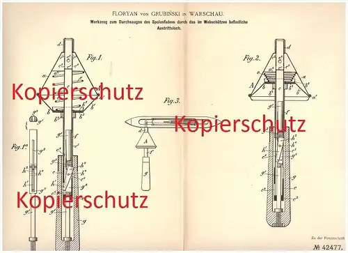 original Patent - Floryan von Grubinski in Warschau , 1887 , Durchsaugen des Spulenfadens , Webstuhl , Weben , Weberei