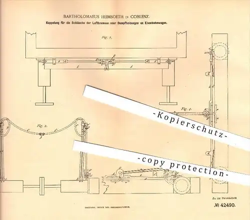 original Patent - B. Heimsoeth in Koblenz , 1887 , Luftbremsen u. Dampfheizungen an Eisenbahnen , Eisenbahn , Kupplung !