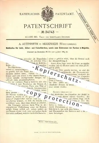 original Patent - A. Autenrieth in Heidenheim , 1885 , Muffelofen für Gold-, Silber- und Feilenfabriken , Ofen , Öfen !!
