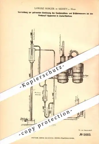 Original Patent - Lorenz Senger in Seesen a. Harz , 1878 , Verdampf-Apparat für Zuckerfabrik , Goslar !!!