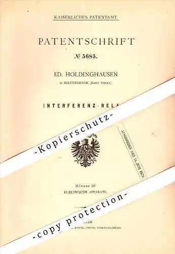 Original Patent - E. Holdinghausen in Hilchenbach b. Siegen , 1878 , Interferenz-Relais , Elektrik , Siegen-Wittgenstein