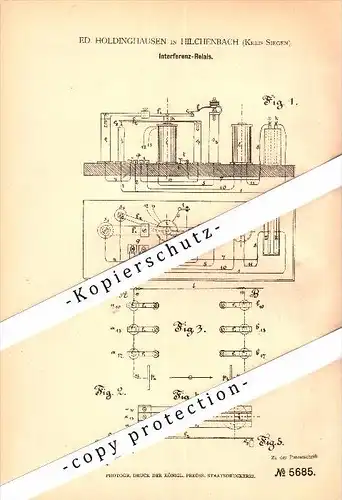 Original Patent - E. Holdinghausen in Hilchenbach b. Siegen , 1878 , Interferenz-Relais , Elektrik , Siegen-Wittgenstein