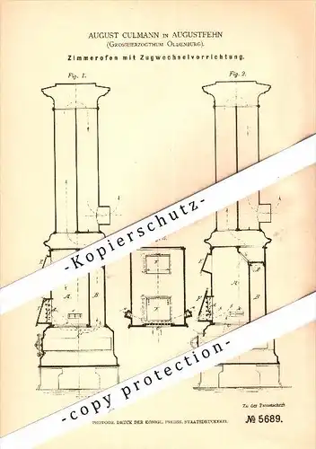 Original Patent -  August Culmann in Augustfehn b. Apen , Grossherzogtum Oldenburg , 1878 , Zimmerofen mit Zugwechsel !