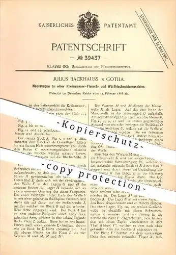 original Patent - J. Backhauss , Gotha , 1886 , Fleisch - Schneidemaschine , Schlächterei , Fleischerei , Schlachter !!!