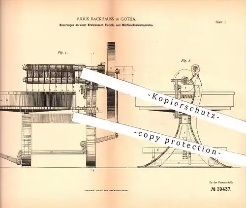 original Patent - J. Backhauss , Gotha , 1886 , Fleisch - Schneidemaschine , Schlächterei , Fleischerei , Schlachter !!!