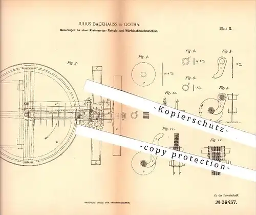 original Patent - J. Backhauss , Gotha , 1886 , Fleisch - Schneidemaschine , Schlächterei , Fleischerei , Schlachter !!!