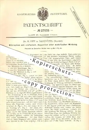 original Patent - Dr. M. Hipp in Neuchâtel , Schweiz , 1883 , Mikrophon , Mikrofon , Sprechorgan , Schallwellen !!!