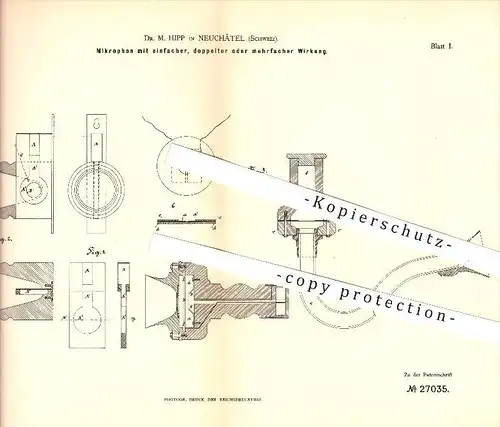 original Patent - Dr. M. Hipp in Neuchâtel , Schweiz , 1883 , Mikrophon , Mikrofon , Sprechorgan , Schallwellen !!!