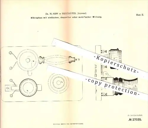 original Patent - Dr. M. Hipp in Neuchâtel , Schweiz , 1883 , Mikrophon , Mikrofon , Sprechorgan , Schallwellen !!!