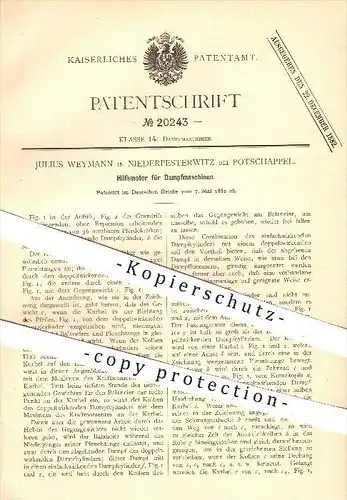 original Patent - J. Weymann , Niederpesterwitz , Potschappel , 1882 , Hilfsmotor für Dampfmaschinen , Motor , Freital !