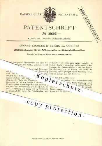 original Patent - August Eichler in Penzig bei Görlitz , 1881 , Walzen an Häckselschneidemaschinen , Landwirtschaft !!!