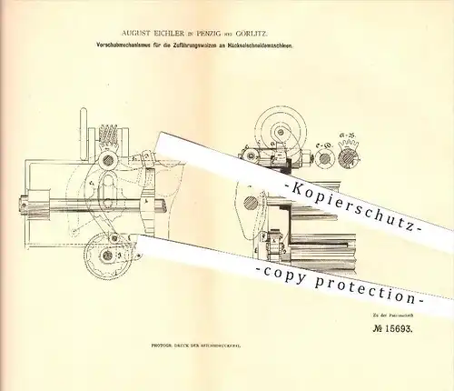 original Patent - August Eichler in Penzig bei Görlitz , 1881 , Walzen an Häckselschneidemaschinen , Landwirtschaft !!!