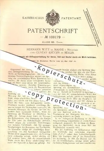 original Patent - H. Witt in Marne in Holstein , Gustav Krüger in Berlin , 1898 , Viertelschlagwerk für Uhren , Uhr !!!