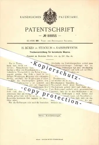 original Patent - H. Büker in Stockum bei Kaiserswerth , 1894 , Keramik - Trockenvorrichtung , Düsseldorf , Töpferei !!!