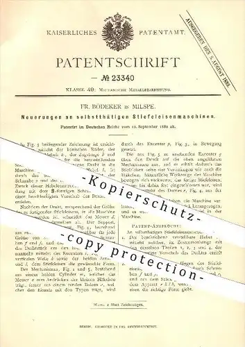original Patent - Fr. Bödeker , Milspe , 1882 , Stiefeleisenmaschine , Stiefeleisen , Draht , Metall , Metallbearbeitung