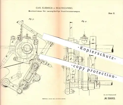 original Patent - Carl Kliebisch in Braunschweig , 1886 , Mechanismus für zwangläufige Ventilsteuerungen , Dampfmaschine
