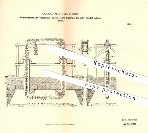 original Patent - Conrad Zschokke in Rom , 1886 , Paternosterwerk , Wasserbau , Wasserhebewerk , Bagger , Roma !!!