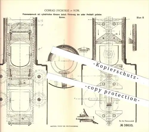 original Patent - Conrad Zschokke in Rom , 1886 , Paternosterwerk , Wasserbau , Wasserhebewerk , Bagger , Roma !!!