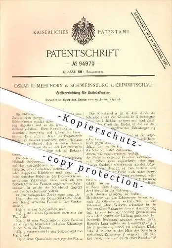 original Patent - Oskar R. Mehlhorn , Schweinsburg b. Crimmitschau , 1897, Stellvorrichtung für Schiebefenster , Fenster