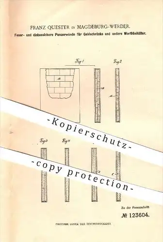 original Patent - Franz Quester in Magdeburg - Werder , 1900 , Panzerwände für Geldschränke , Tresore , Tresor !!!