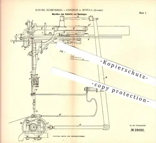original Patent - R. Echeverria y Cisneros , Sevilla , Spanien , 1883 , Schärfen von Bandsägen , Bandsäge, Säge , Forst