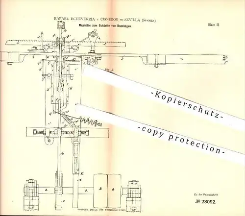 original Patent - R. Echeverria y Cisneros , Sevilla , Spanien , 1883 , Schärfen von Bandsägen , Bandsäge, Säge , Forst