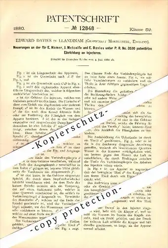 Original Patent - Edward Davies in Llandinam / Powys , Montgomery , 1880 , Injectors for pumps , Llanidloes , Newtown !!