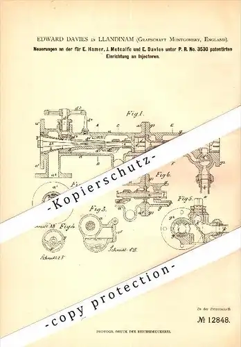 Original Patent - Edward Davies in Llandinam / Powys , Montgomery , 1880 , Injectors for pumps , Llanidloes , Newtown !!