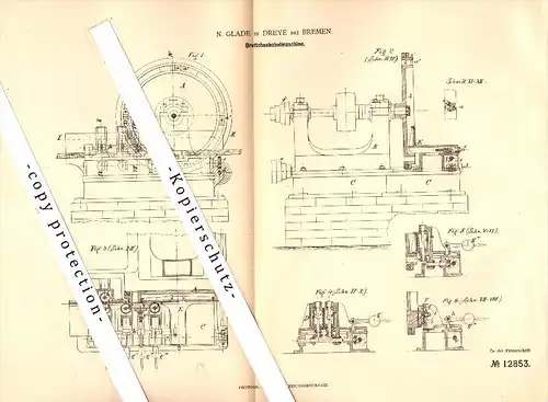 Original Patent - N. Glade in Dreye b. Weyhe , 1880 , Brettchen-Hobelmaschine , Tischlerei , Tischler , Holz , Bremen !!