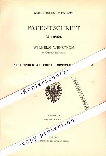 Original Patent - Wilhelm Wenström in Örebro , Schweden , 1880 , Universal-Walzwerke !!!
