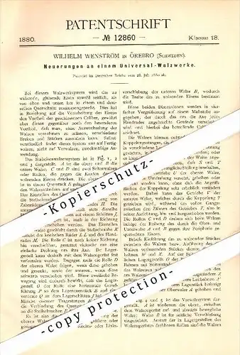 Original Patent - Wilhelm Wenström in Örebro , Schweden , 1880 , Universal-Walzwerke !!!