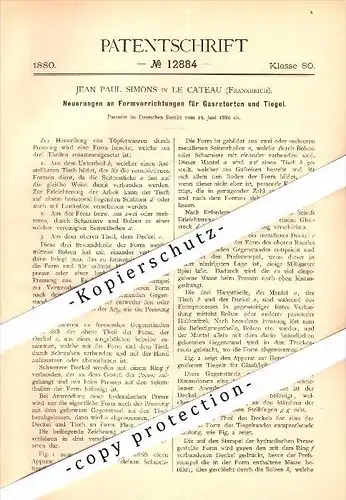 Original Patent - J.P. Simons à Le Cateau , 1880 , Appareil de moulage pour la poterie , céramique , Le Cateau-Cambrésis